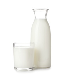 Photo of Glass and bottle with fresh milk on white background