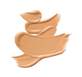 Photo of Sample of liquid skin foundation on white background, top view. Space for text