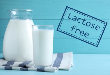 Image of Fresh lactose free milk on light blue table