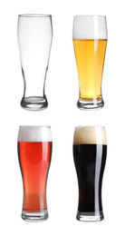 Set with empty and full of beer glasses on white background