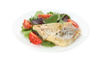 Photo of Tasty cod served with salad isolated on white