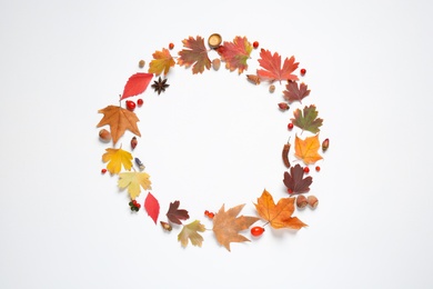 Frame made of autumn leaves on white background, top view. Space for text