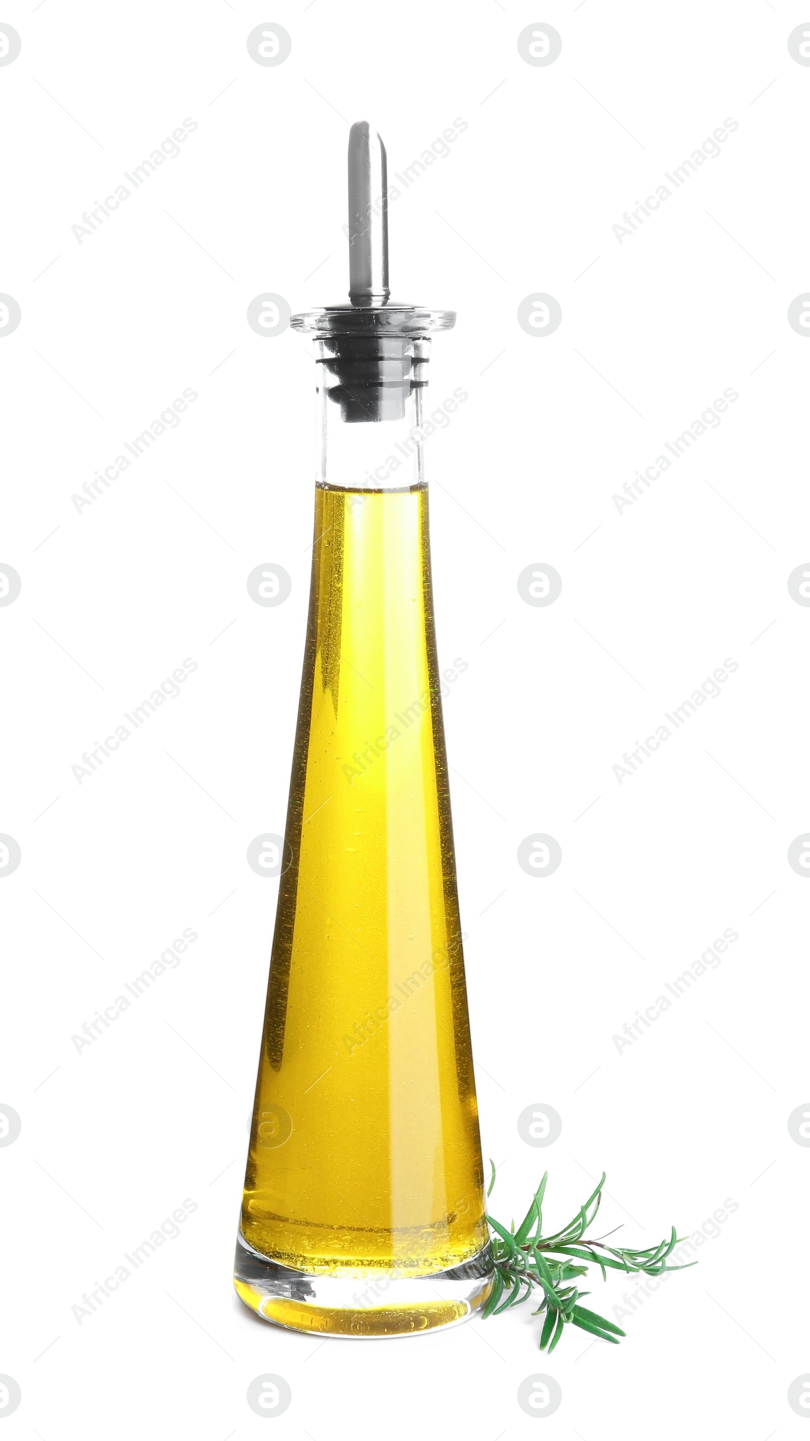 Photo of Bottle of rosemary oil on white background