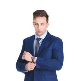 Photo of Handsome young man in suit on white background