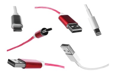 Collage of cables with USB, type C and lightning connectors on white background