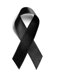Photo of Black ribbon on white background, top view. Cancer awareness