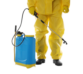 Photo of Man wearing protective suit with insecticide sprayer on white background, closeup. Pest control