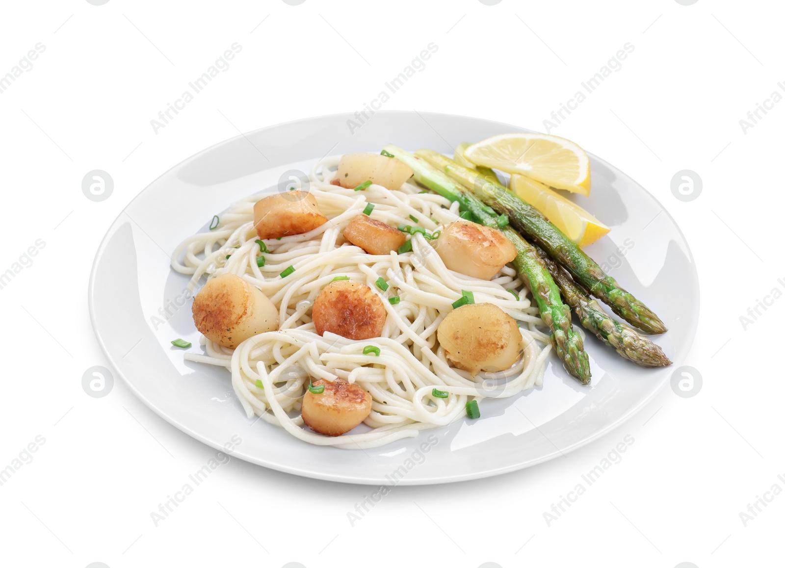 Photo of Delicious scallop pasta with asparagus, green onion and lemon isolated on white
