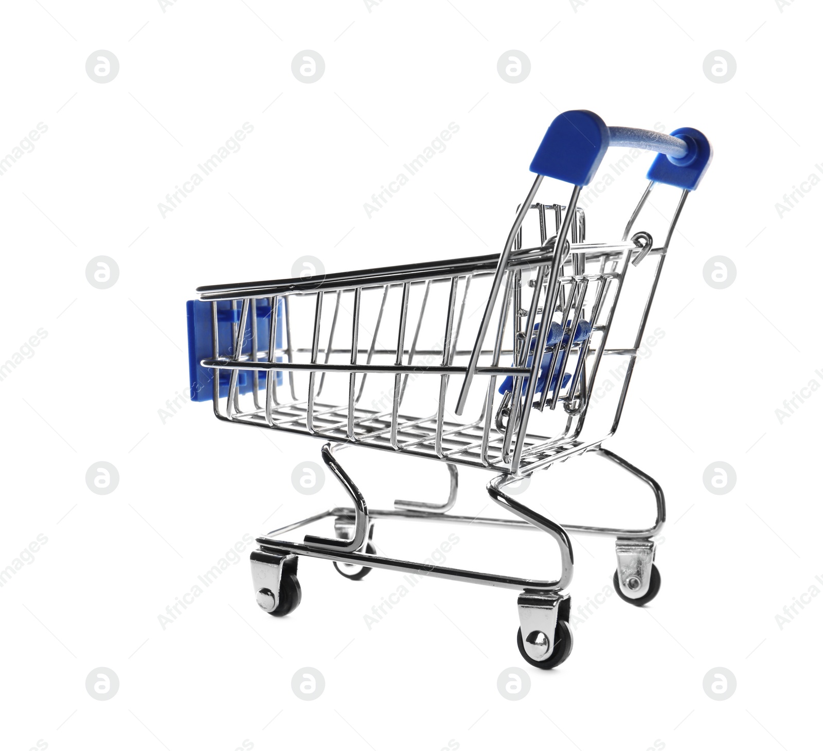 Photo of Empty metal shopping trolley isolated on white