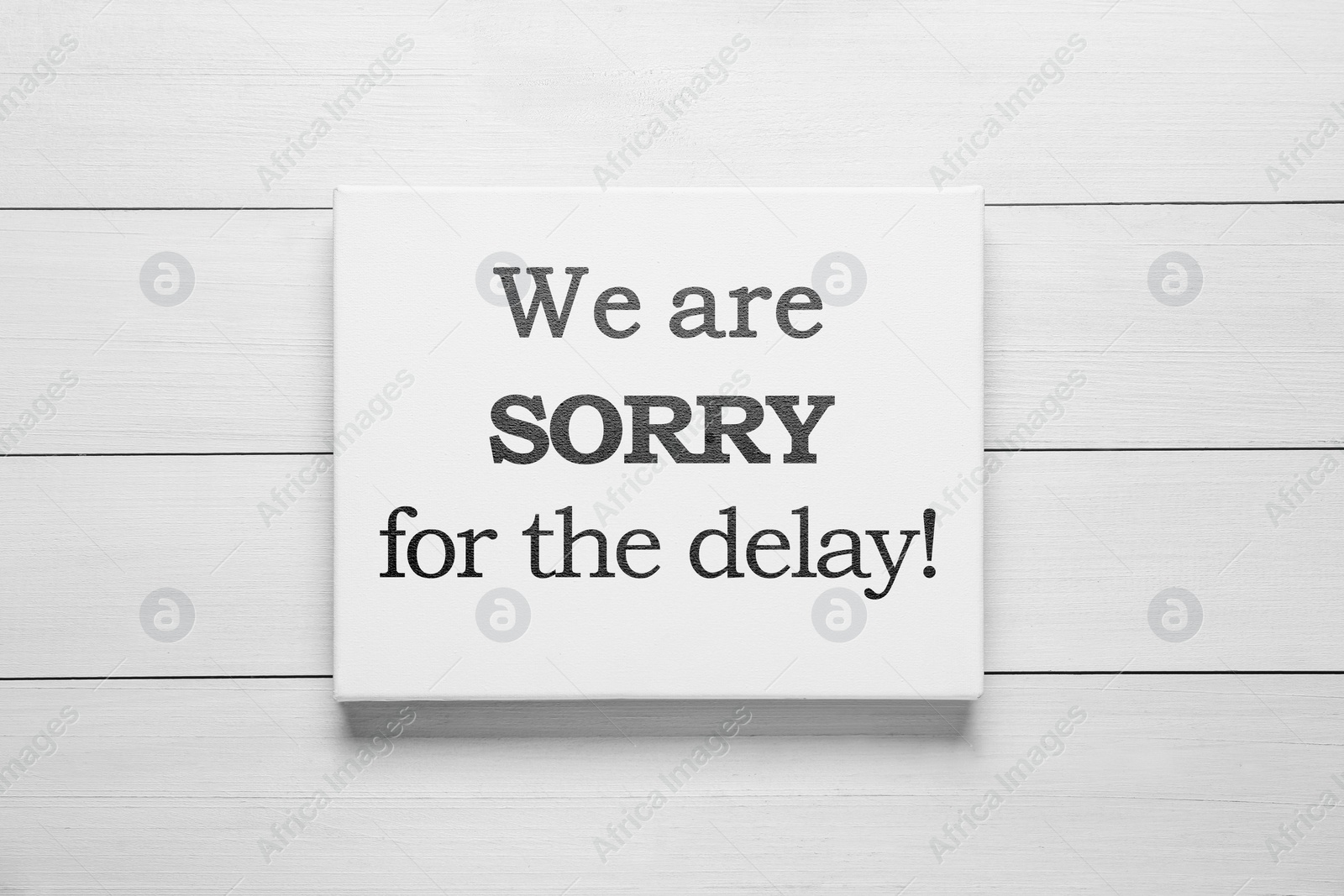 Image of Canvas with phrase We Are Sorry For The Delay on white wooden background
