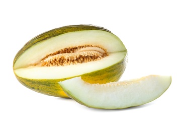Photo of Sliced sweet fresh melon on white background