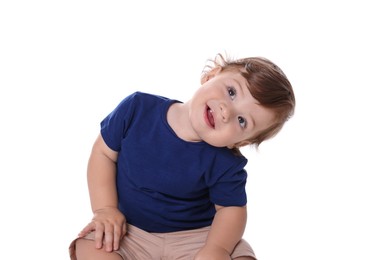 Photo of Cute little boy isolated on white. Adorable child