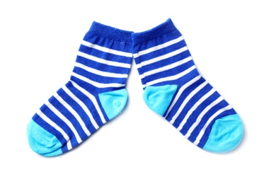 Cute child socks on white background, top view