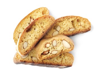 Slices of tasty cantucci on white background, top view. Traditional Italian almond biscuits