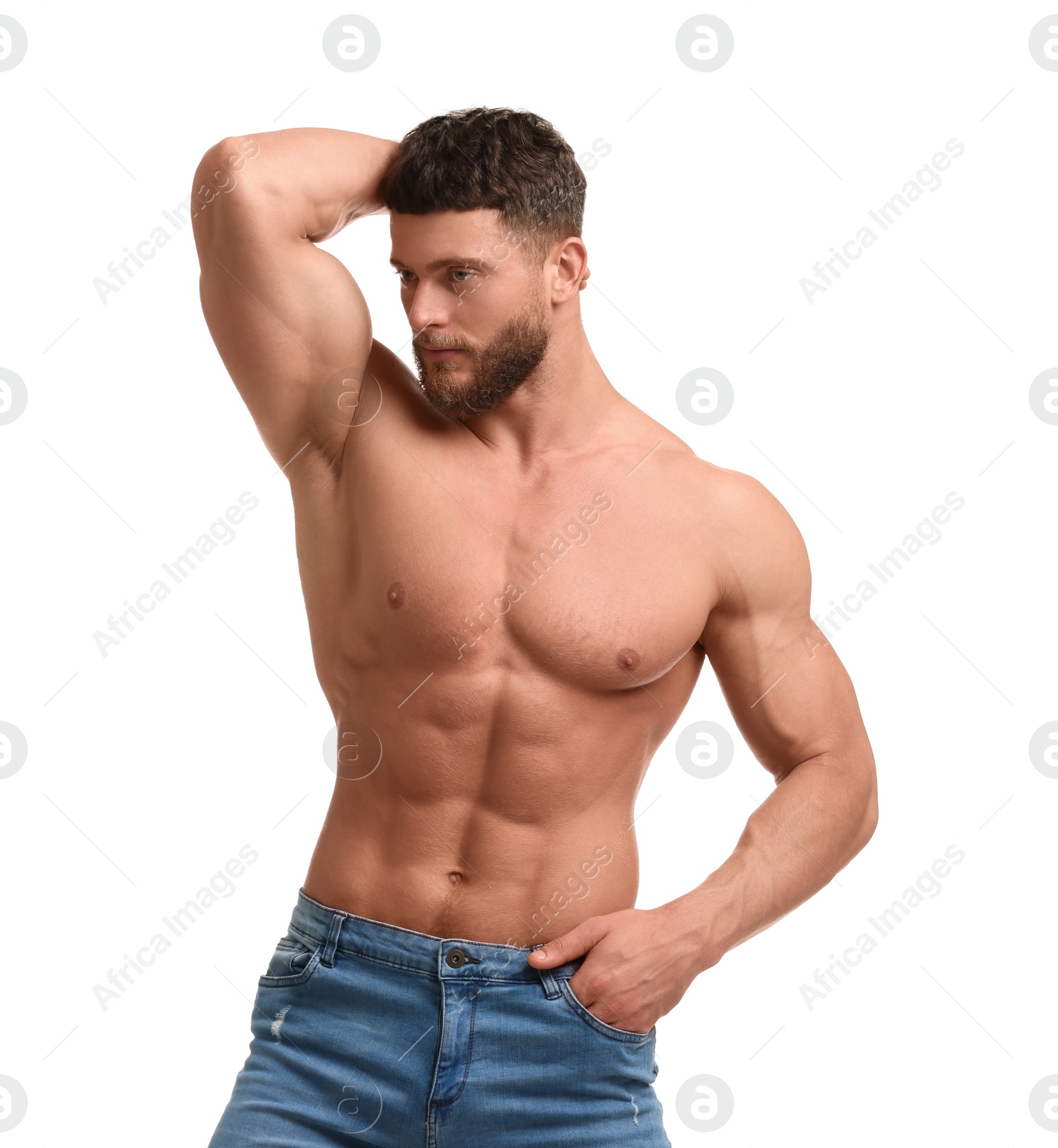 Photo of Handsome muscular man isolated on white. Sexy body