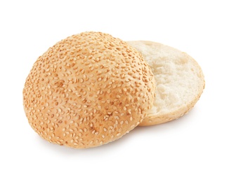 Photo of Sliced hamburger bun on white background. Bread product