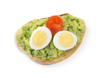 Delicious sandwich with guacamole, eggs and tomato on white background, top view