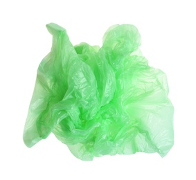 Crumpled plastic bag isolated on white, top view