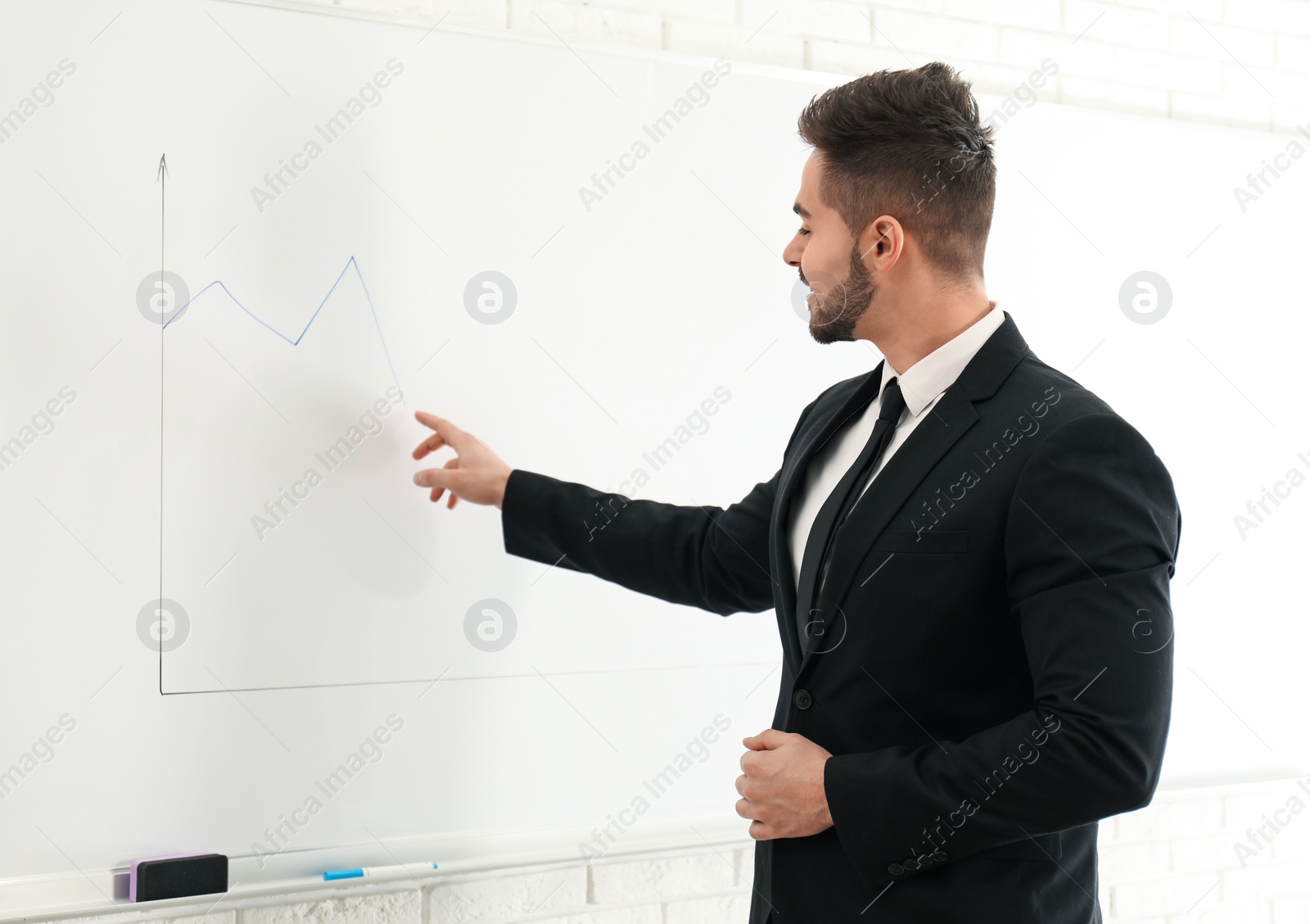 Photo of Professional business trainer near whiteboard in office