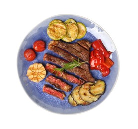 Photo of Delicious grilled beef steak with vegetables and spices isolated on white, top view