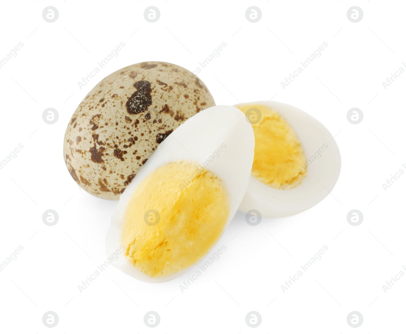 Photo of Hard boiled quail eggs on white background