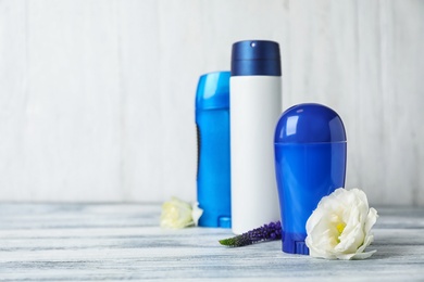 Photo of Different deodorants on white background