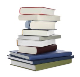 Stack of different books on white background