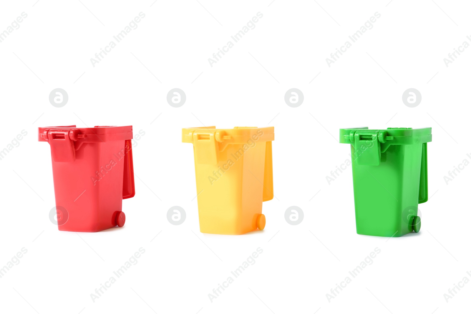 Photo of Trash bins isolated on white. Waste recycling concept