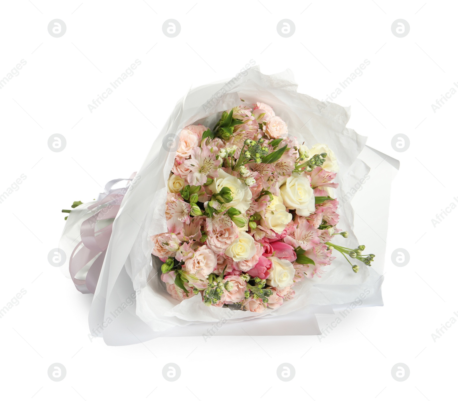 Photo of Beautiful bouquet of fresh flowers isolated on white