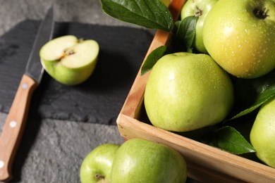 Ripe green apples, cutting board and knife on grey table, closeup