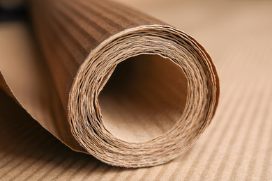 Roll of brown corrugated cardboard, closeup view