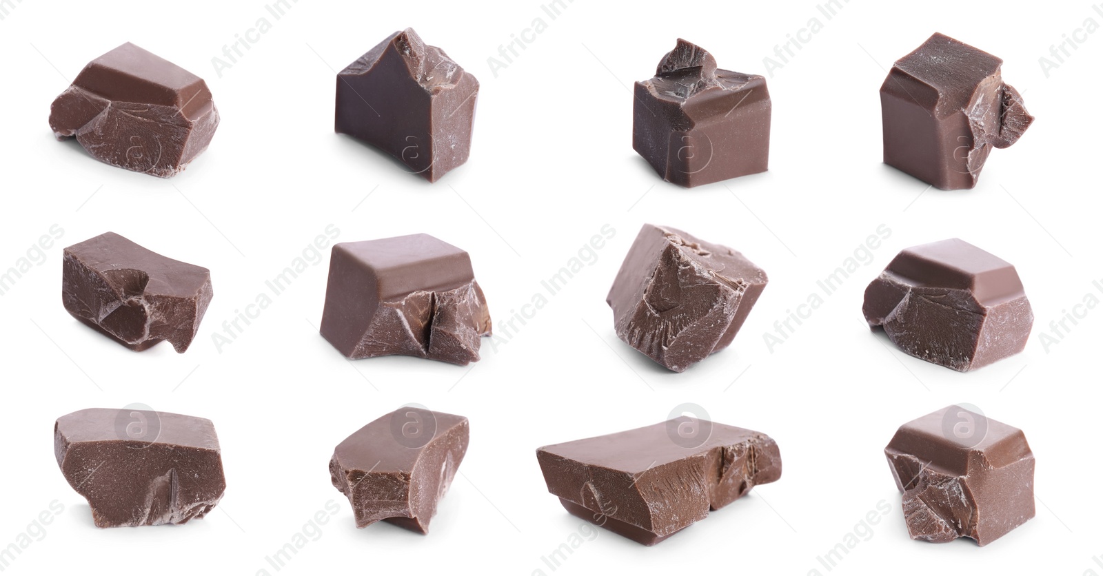 Image of Set with delicious chocolate chunks on white background. Banner design