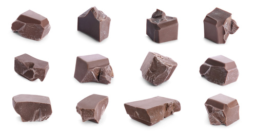 Image of Set with delicious chocolate chunks on white background. Banner design