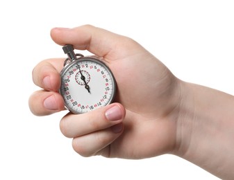 Man holding vintage timer on white background, closeup