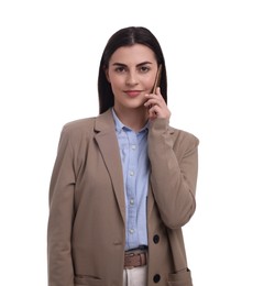 Beautiful businesswoman talking on smartphone against white background