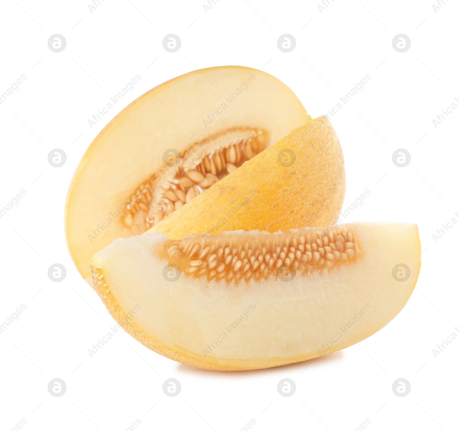 Photo of Sliced ripe tasty melon on white background