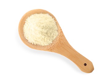 Photo of Wooden spoon with quinoa flour isolated on white, top view