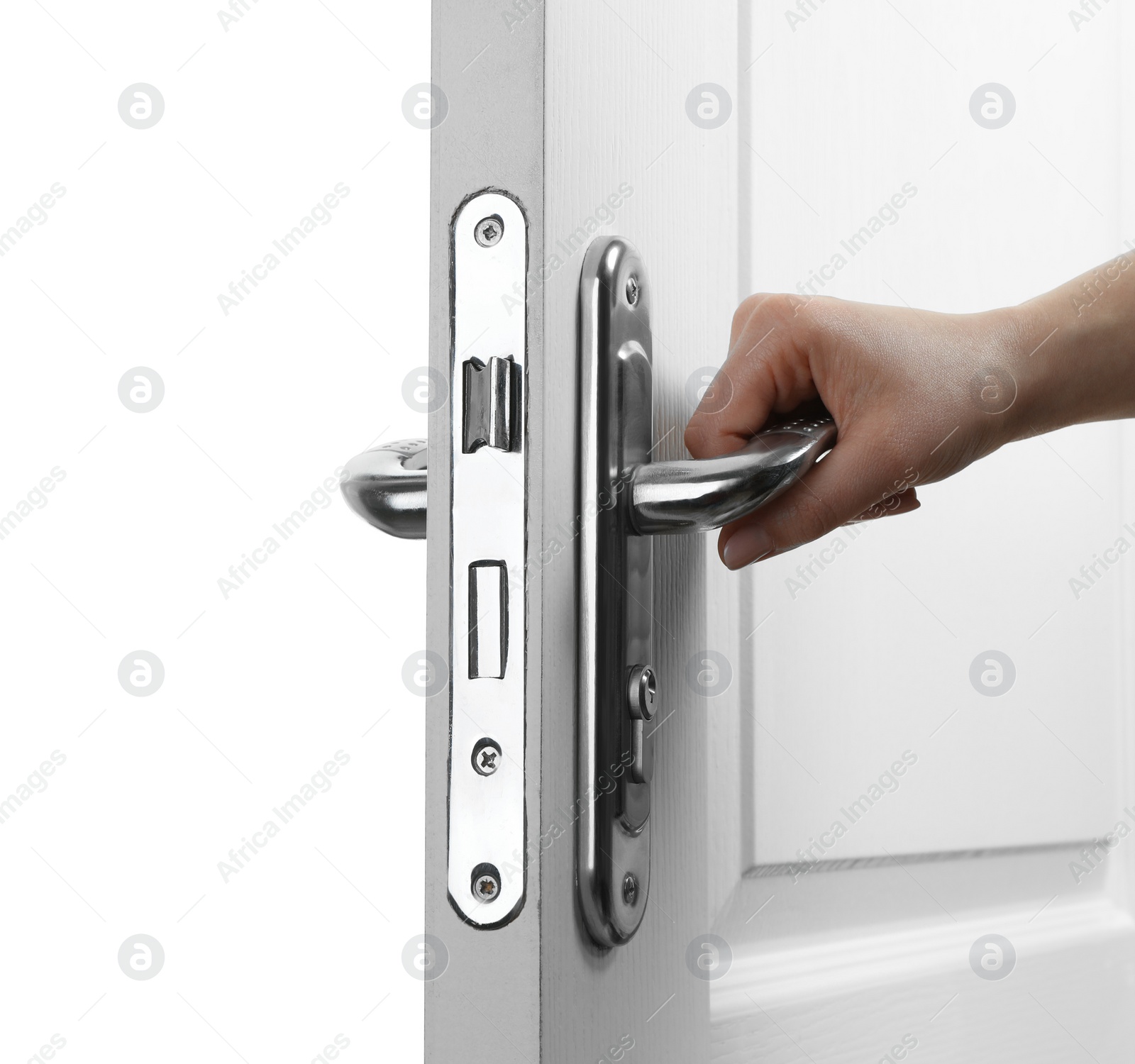 Photo of Woman opening wooden door on white background, closeup