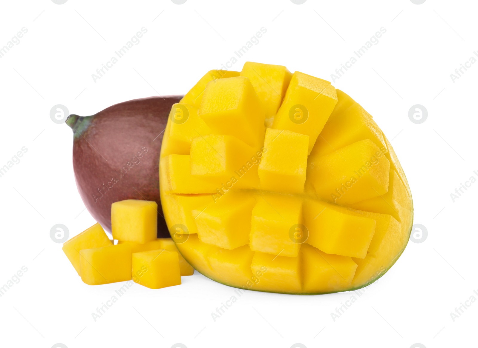 Photo of Cut and whole ripe mangoes isolated on white