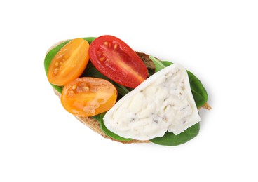 Photo of Delicious sandwich with burrata cheese and tomatoes isolated on white, top view