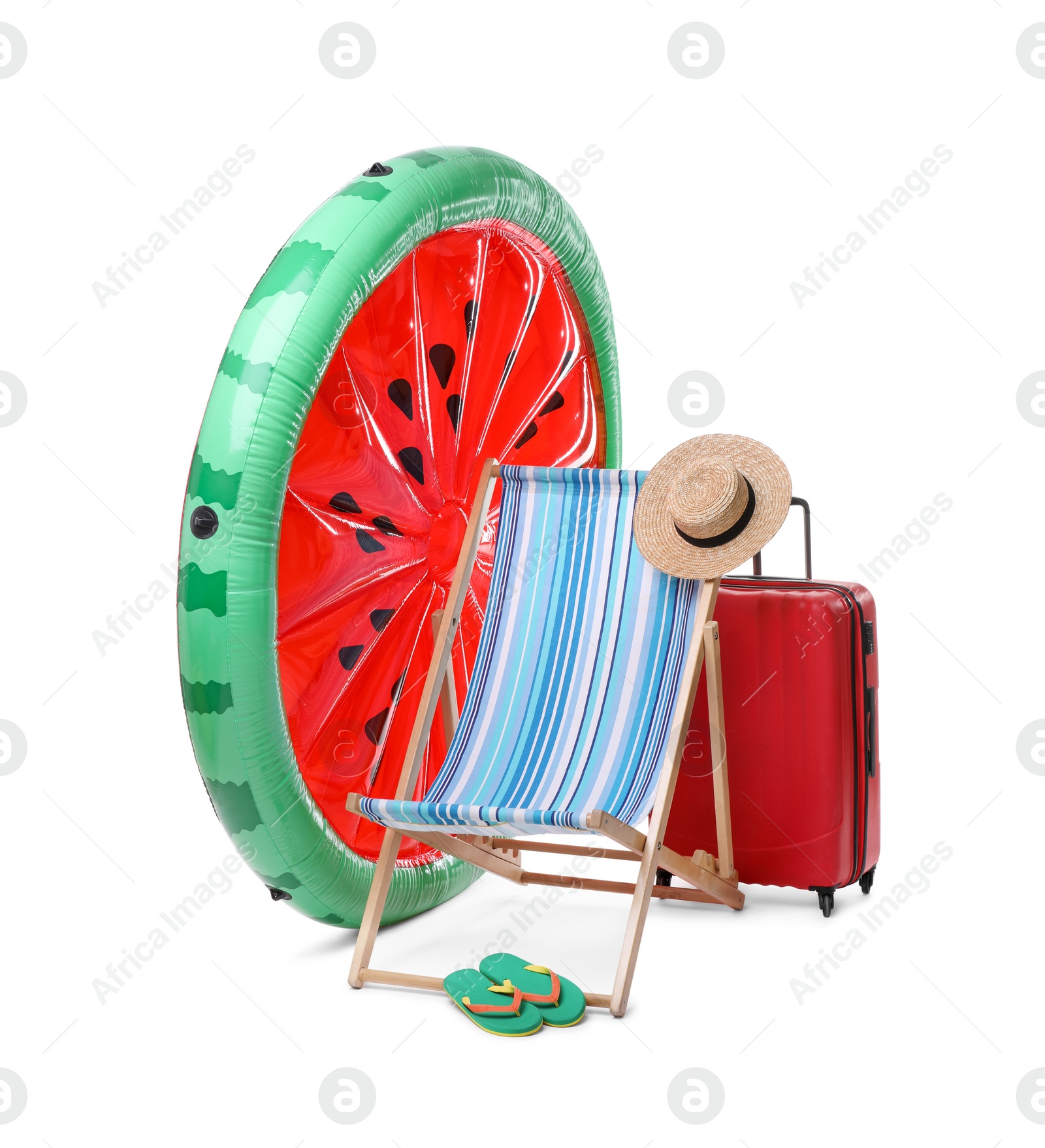Deck chair, inflatable mattress and other beach accessories isolated on white Photo of Deck chair, inflatable mattress and other beach accessories isolated on white