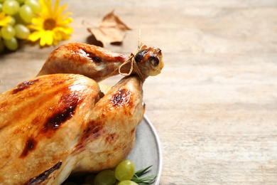 Closeup view of turkey on wooden background, space for text. Happy Thanksgiving day