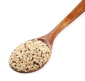 Raw quinoa seeds in spoon isolated on white