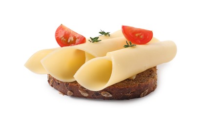 Tasty sandwich with slices of fresh cheese, tomatoes and thyme isolated on white