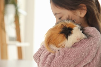 Photo of Little girl with guinea pig at home, space for text. Childhood pet