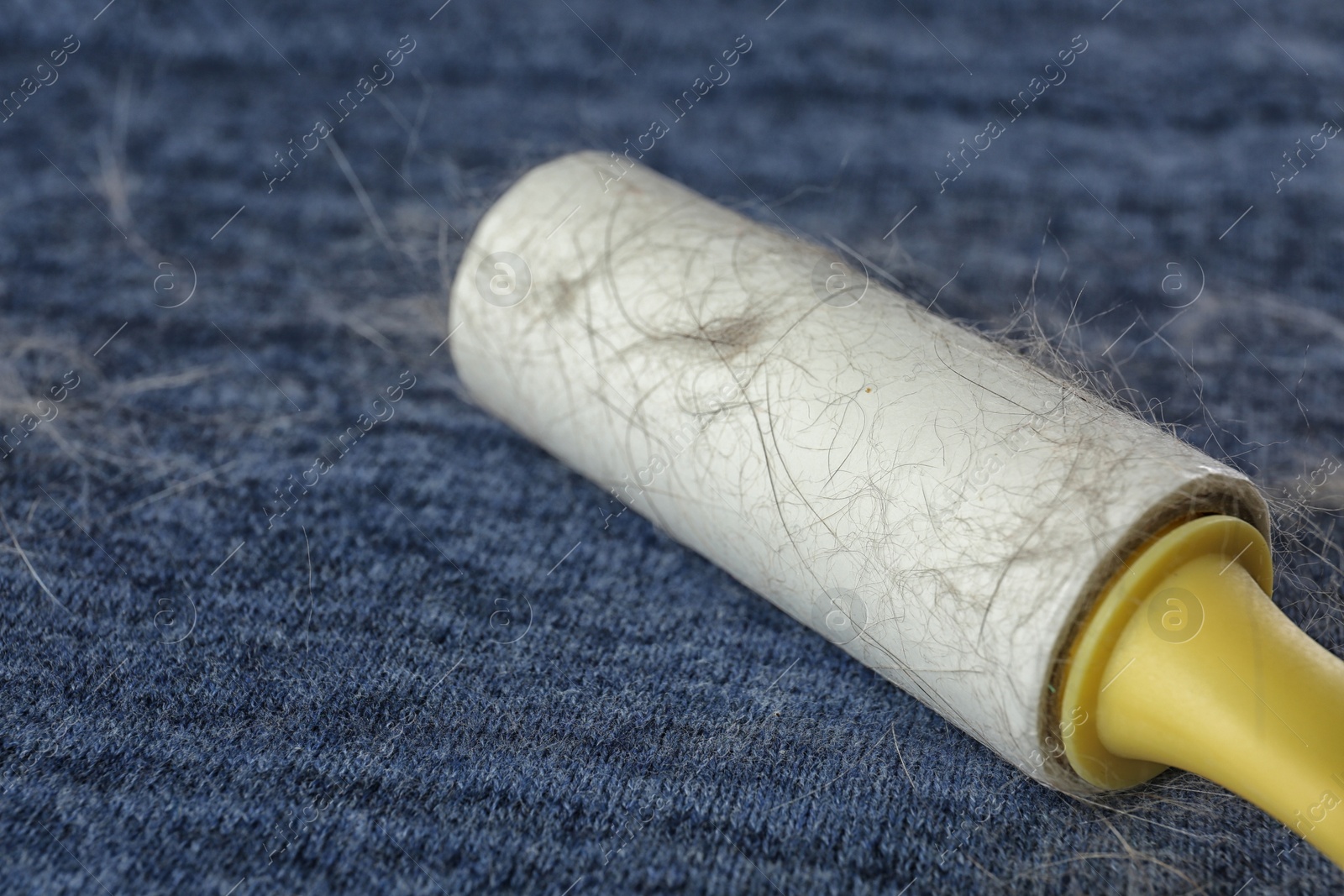 Photo of Lint roller on blue fabric covered with hair, closeup