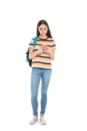 Photo of Beautiful teenager girl with mobile phone on white background