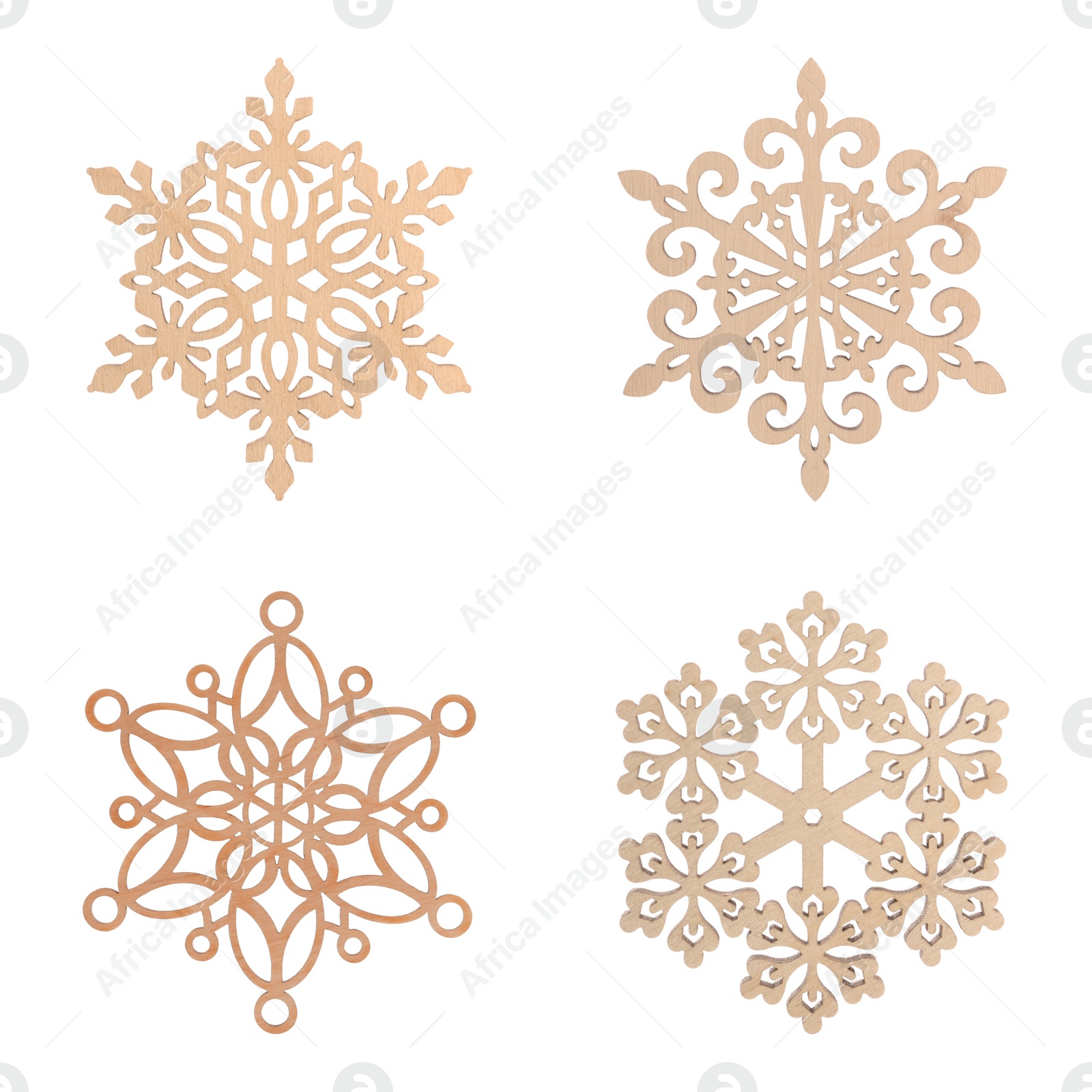 Image of Set of beautiful decorative snowflakes on white background