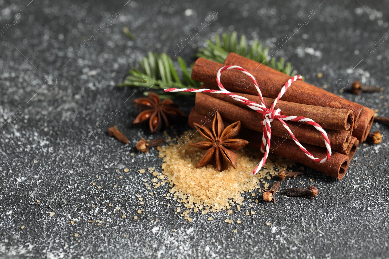 Photo of Different aromatic spices on grey textured table. Space for text