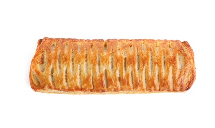 Photo of Fresh tasty puff pastry on white background, top view